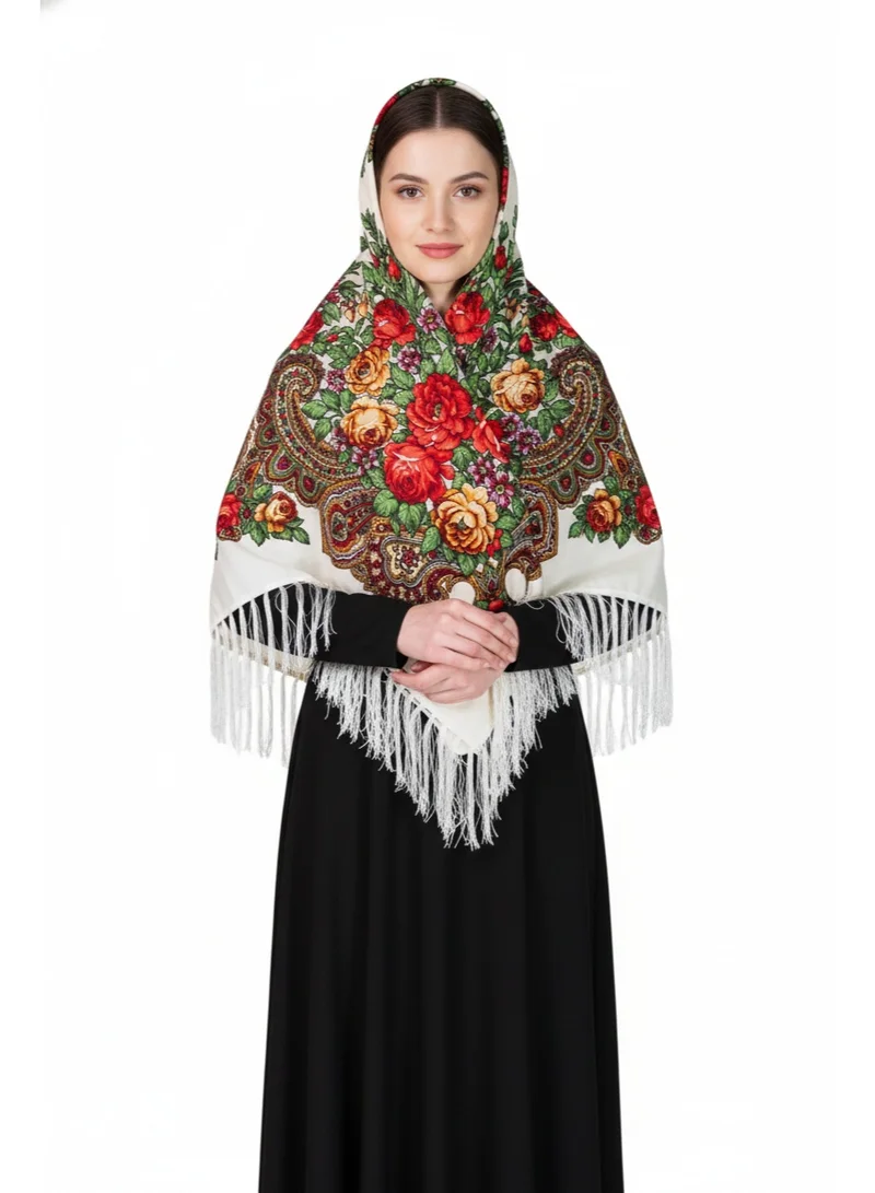 بيداني شال شعبي أبيض وذهبي برسومات ورد